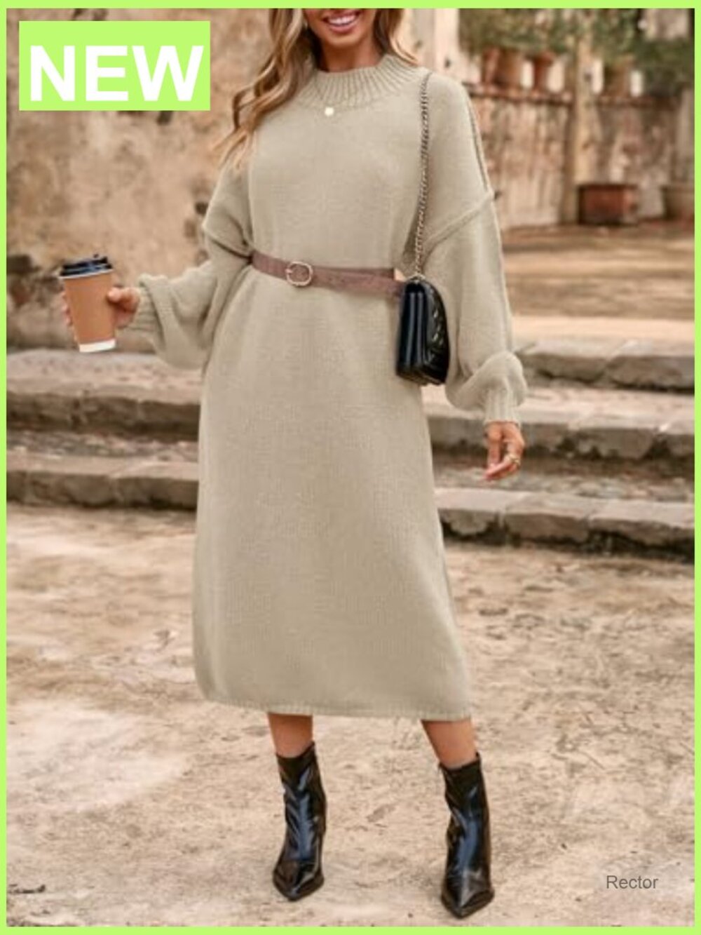 Oversized Chunky Knit Sweater Dress Mock Neck Long Sleeve Maxi Fall Winter - Picture 3 of 7